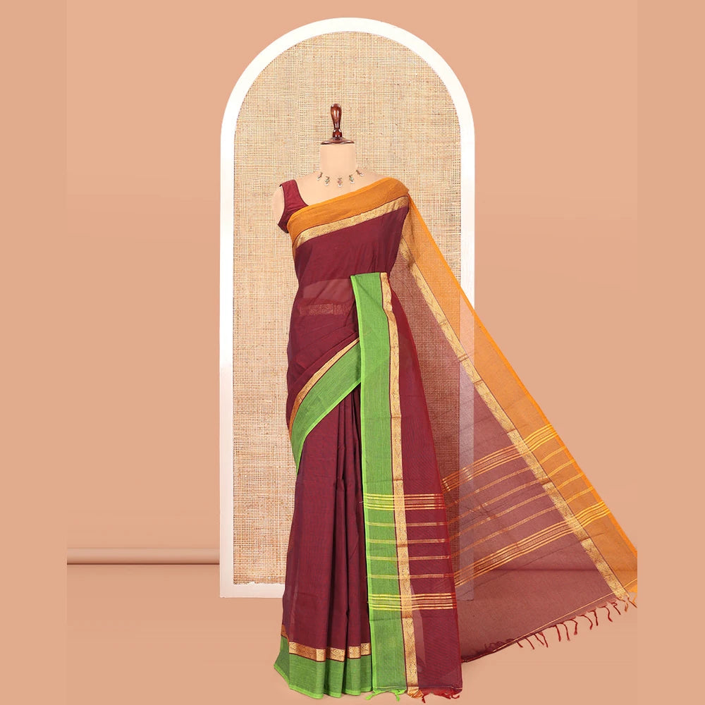 Pothys Red Plain Chettinad Cotton Saree, Contrast Ganga-Jamuna Border, Striped Pallu, and a Matching Blouse